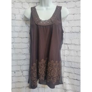 Language Los Angeles Brown Crochet Neck Embroidered Sheer Back Tunic Top Small